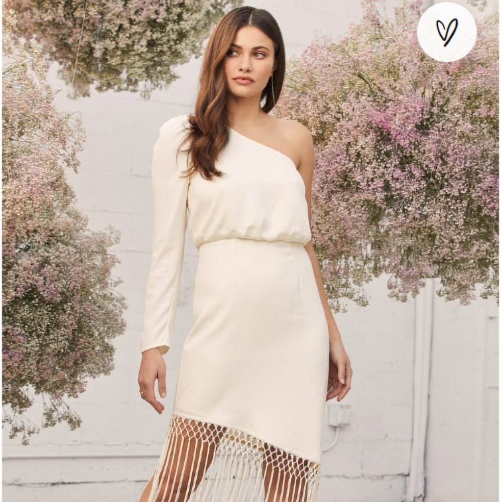 Lulu's Love at Dusk Cream One-Shoulder Asymmetrical Fringe Midi Dress